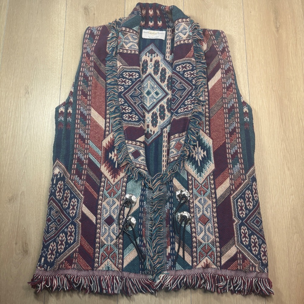 Every Stitch Counts Southwestern Tapestry Fringe Vest Concho Buttons Burgundy XL